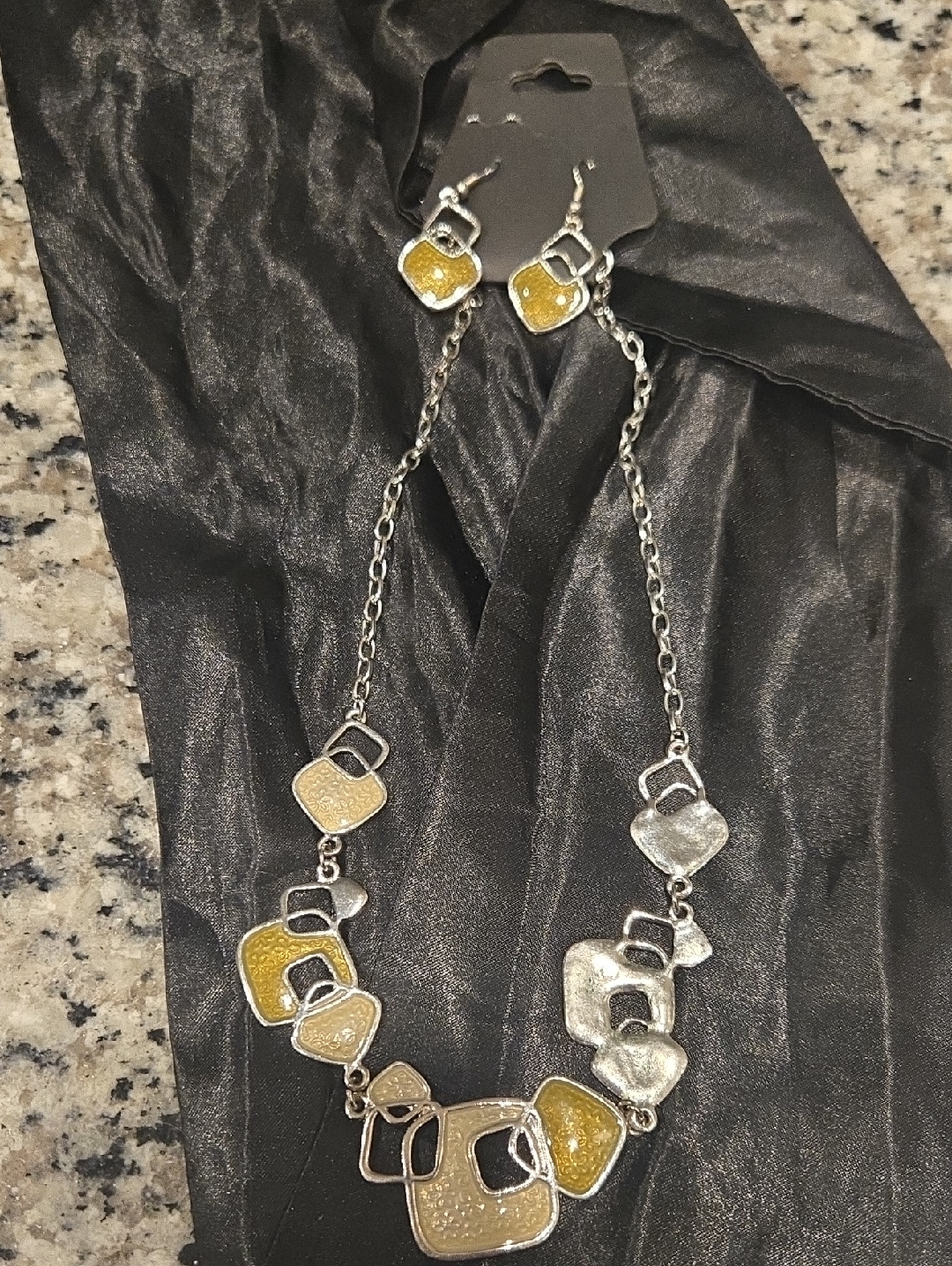 SilverTone Necklace And Earring Set With YellowishGreen Accents